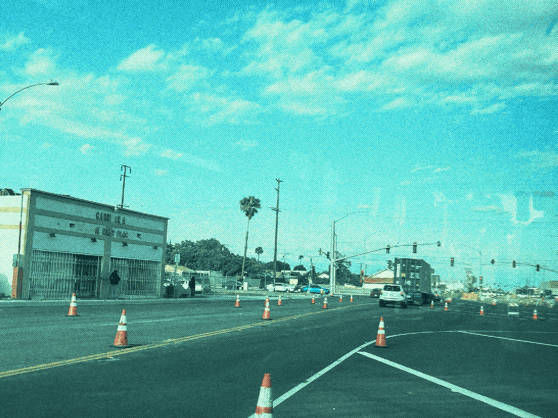 cones and stripes closing several lanes for construction