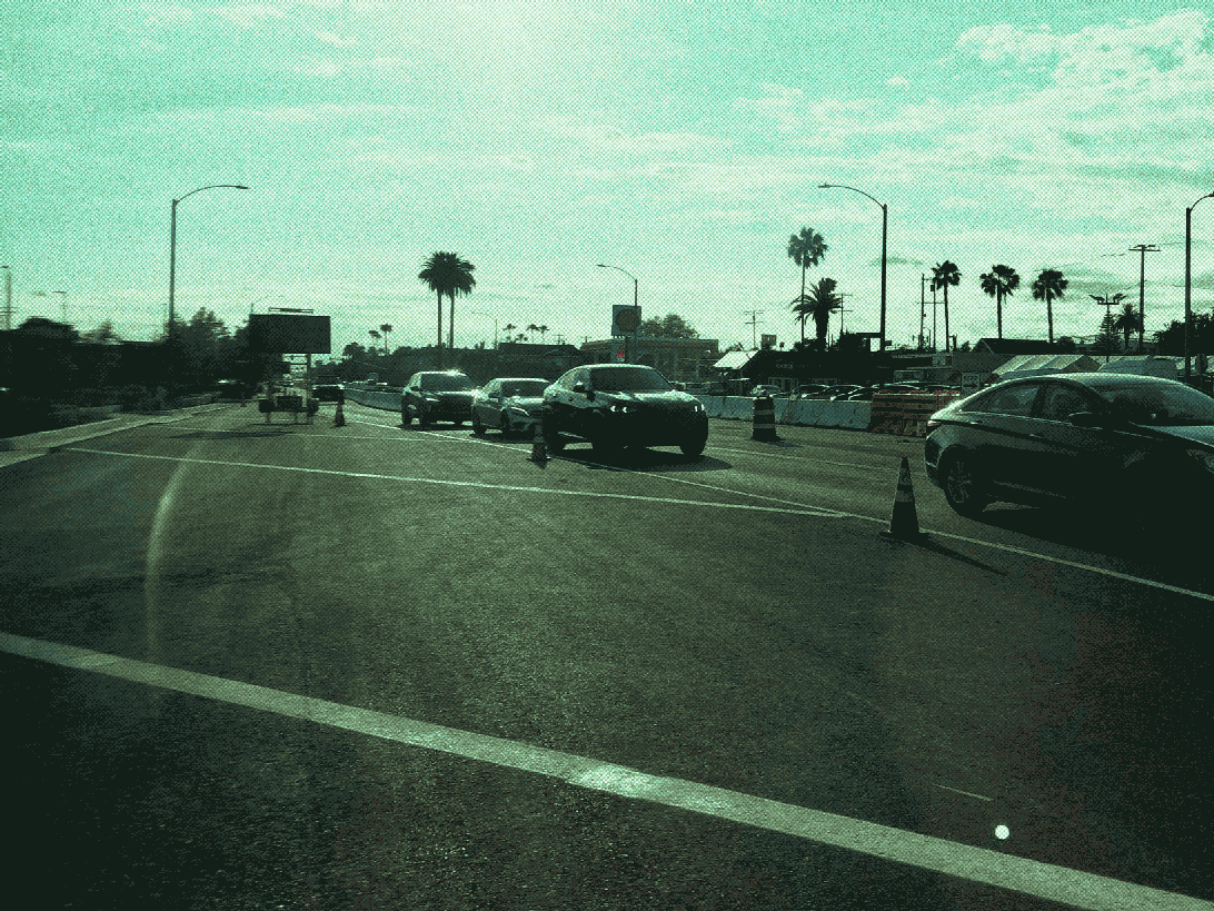 several lanes of traffic closed by stripes